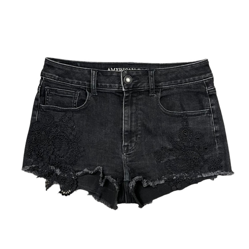 American Eagle Hi-Rise Shortie Jean Shorts Women’s‎ 8 US Black Lace Stretch